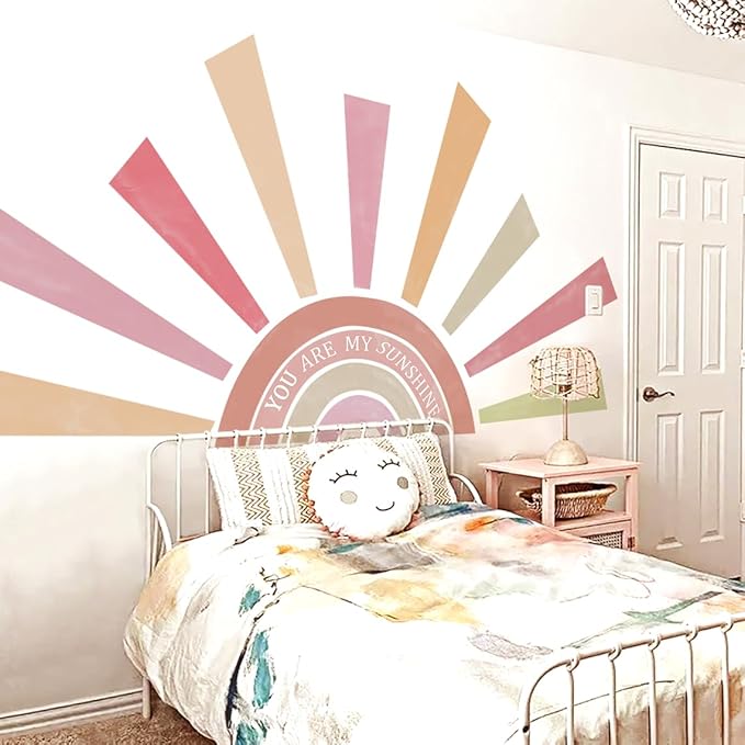 Large Rainbow Sun Wall Decals, Inspirational Peel and Stick Fabric Nursery Wall Decor, Removable Home Room Wall Decor Murals Stickers for Kids Girls Toddler Bedroom Living Room Playroom