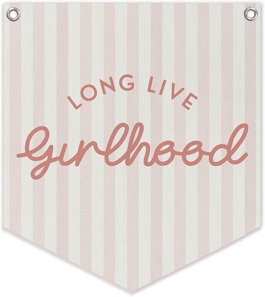 Lacama Girl Room Decor, Long Live Girlhood Linen Banner Hanging Flag Retro Pink Banner for Nursery Playroom Wall Decor for Kids Bedroom Dorm Toddler Decorations Trendy Room Decor 12.4x14 in