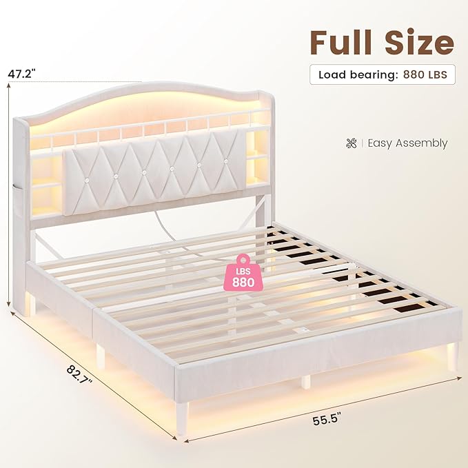 ADORNEVE Full Bed Frame with LED Lights, Princess Velvet Upholstered Platform Bed for Girls, Headboard with Charging Station & Guardrail & Crystal Button, No Box Spring Needed,Beige