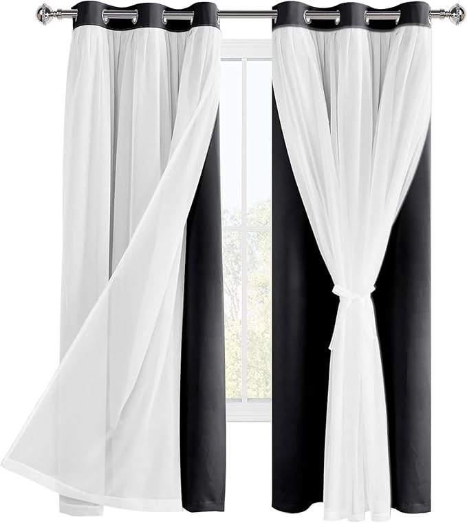 Hiasan Blackout Curtains with Sheer Overlay, Grommet Thermal Insulated Privacy Mix and Match Double Layer Window Curtains for Girls Bedroom, Living Room, 2 Drape Panels with Tiebacks, Black, 42W X 63L