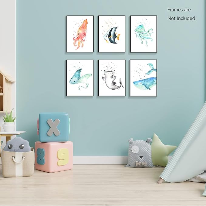 Wodkwq Nursery Wall Art Sea Animal Canvas Prints Baby Girl Boy Room Decor Watercolor Paintings Pictures Cute Ocean Theme Toddler Room Decoration Set of 6 for Kids Bedroom Bathroom 8x10in Unframed