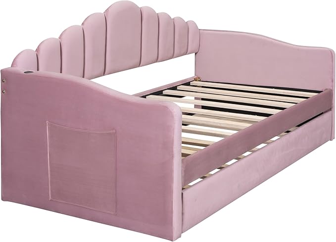 Bellemave Twin Size daybed with Trundle for Adults, Kids, Girls, Teens, daybeds with Trundle for Living Room, Velvet,Pink(Mattress not Included)