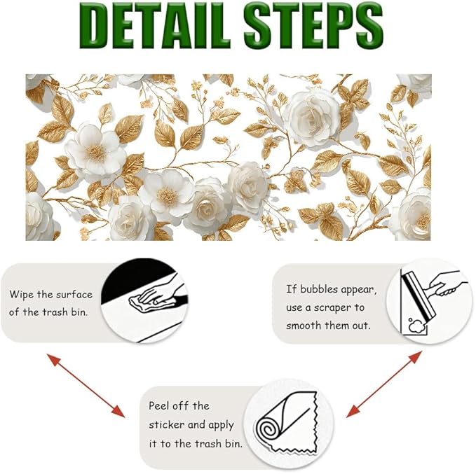 Gold Leaf Flower PVC Wallpaper Sticker 39.37x15.75 Inch White Blossom and Branch Pattern Self Adhesive Decorative Wall Decal for Living Room Bedroom Luxury Home Decor