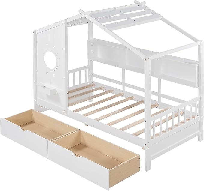 Merax Wood Multifunctional Daybed with Drawers/Storage Shelf, House Low Day Bed for Kids, Space Saving, Easy Assemble White