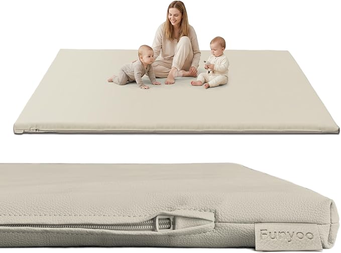 Padded 79" ×59" Large Baby Play Mat for Floor, 1.2" Thick Memory Foam Playmat with Soft Vegan Leather Cover, Cushioned Play Mat for 71" x59" Playpens, Grey