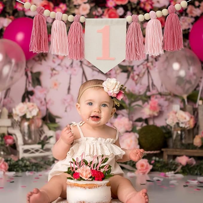 Boho Pink Handmade 1st Birthday High Chair Banner for Baby Girls Wild One Wall Hangings First Highchair Banner Wood Bead Tassel Garland Photoshoot Props Photo Props1 Birthday Party Decorations
