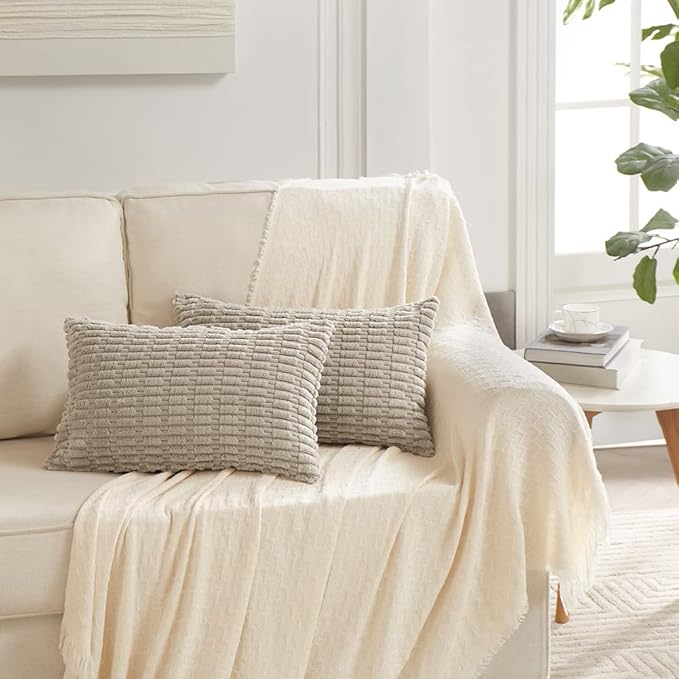 Fancy Homi 2 Packs Taupe Decorative Throw Pillow Covers 14x24 Inch for Living Room Couch Bed Sofa, Rustic Farmhouse Boho Home Decor, Soft Striped Corduroy Square Cushion Case 35x60 cm