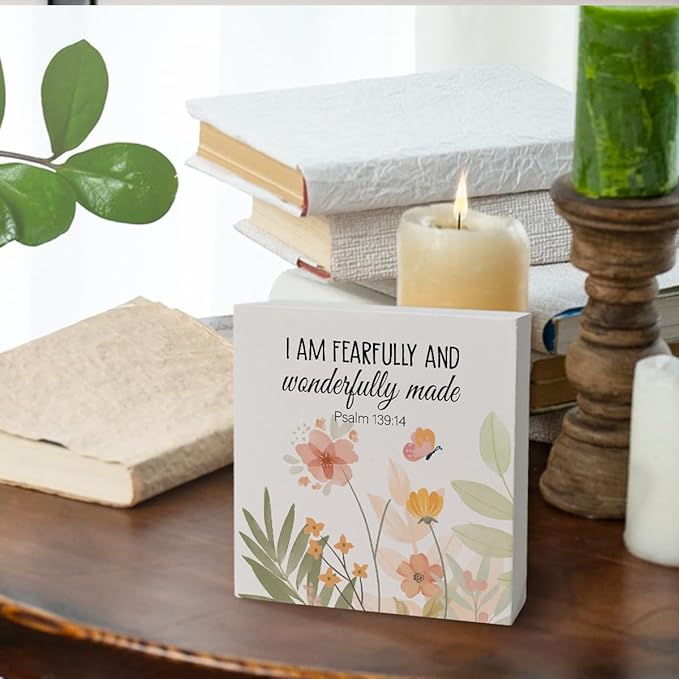 Bible Verse Boho Watercolor Wooden Box Block Plaque Sign, Christian Religious Gift, I Am Fearfully And Wonderfully Made, Inspirational Christian Nursery Home Desk Shelf Decor, 5x5