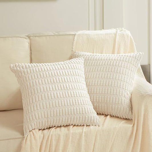 Fancy Homi 2 Packs Cream Samll Decorative Throw Pillow Covers 14x14 Inch for Living Room Couch Bed Sofa, Rustic Farmhouse Boho Home Decor, Soft Striped Corduroy Rectangle Cushion Case 35x35 cm