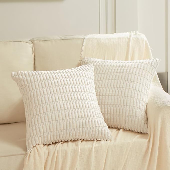 Fancy Homi 2 Packs Boho Decorative Throw Pillow Covers 16x16 Inch for Living Room Couch Bed Sofa, Rustic Modern Farmhouse Home Decor, Soft Corduroy Cream Square Cushion Case 40x40 cm