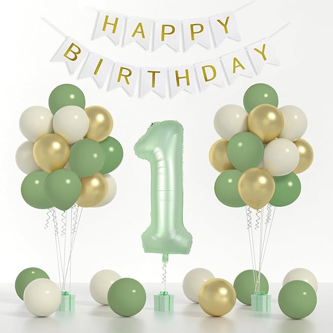 Sage Green First Birthday Decorations For Boys, 40inch Olive Green Number 1 Balloon And Happy Birthday Banner Set With 12inch Sage Green Cream Metallic Gold Balloons For Kids 1st Birthday Decorations