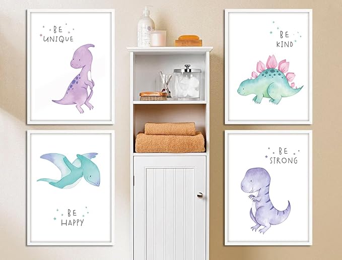 Gubrandin Watercolor Dinosaur Print Motivational Quote Wall Art Nursery Bedroom Decoration Funny Animals Poster for Boys or Girls Bedroom (8x10 inch，Set of 4，Unframed)