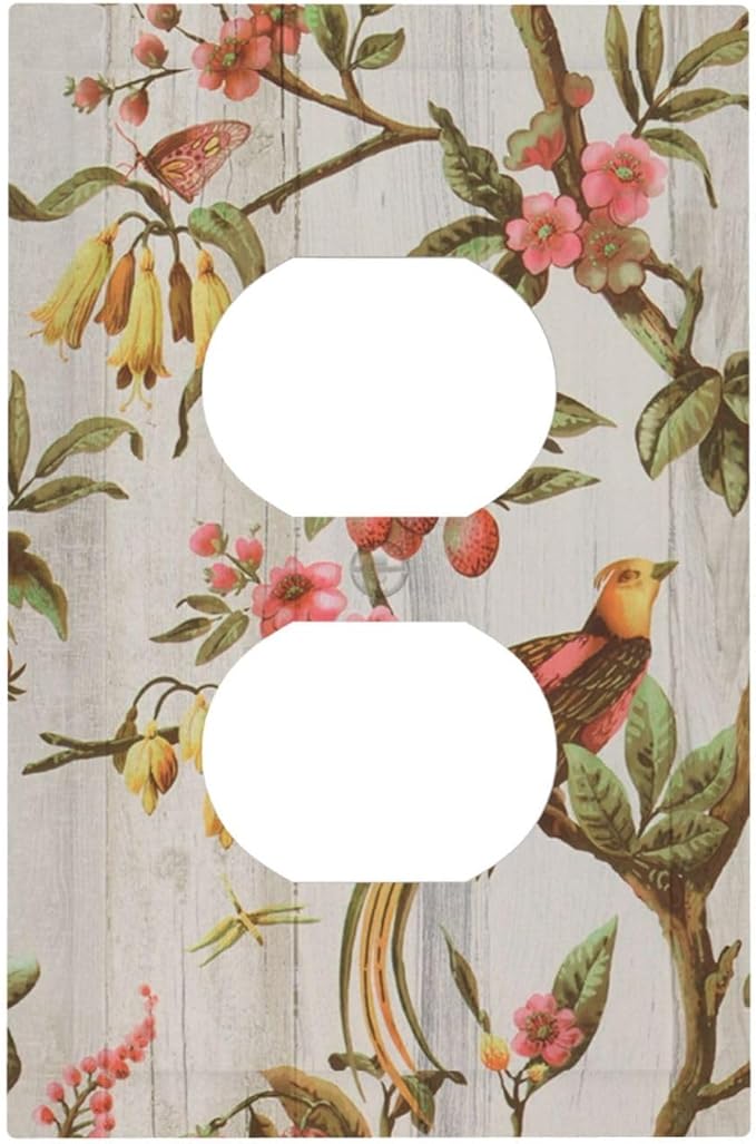Flowers Bird Tree Retro Spring Floral Branch 1 Gang Duplex Outlet Covers Light Switch Cover Decorative Electrical Switchplate Oriental Chinese Landscape Drawn Faceplate for Bathroom Bedroom Home Decor