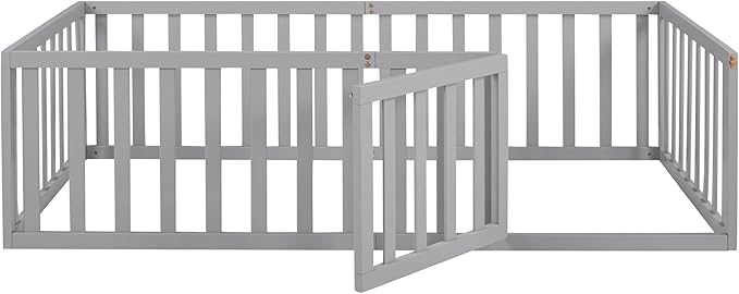 Merax Twin Floor Bed with Safety Guardrails and Door, Wood Montessori Floor Bed Frame for Kids, Twin Playhouse Bed Frame for Baby Girls and Boys, Grey