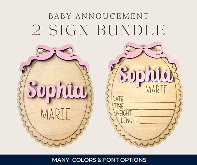 Personalized Baby Announcement Sign with Bow, Custom 3D Layered Scalloped Edge Name & Birth Stat Board for Newborn Photos (Bundle - Name + Stat Sign)