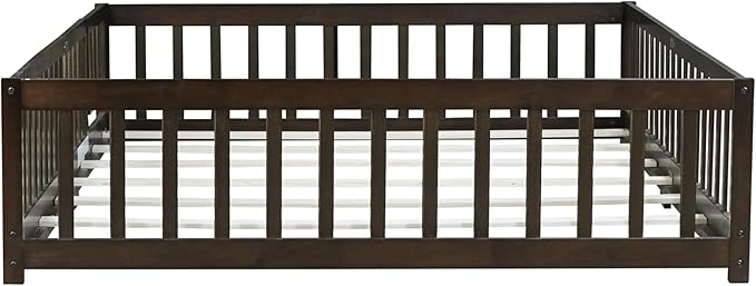 Bellemave Queen Size Floor Bed for Kids, Girls, Boys, Wood Floor Bed with slats and Door, Espresso