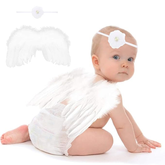 2PCS White Angel Wings With Pearl Chiffon Flower Headband For Newborn Infant Photography Props Soft Fairy Feather Wings For Toddlers Kids Girls Gifts(Color I, One Size)