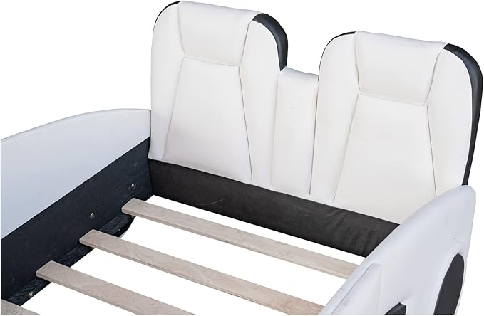 Ball & Cast Twin Size Race Car Shaped Platform Bed with Wheels,Wood Low Floor Bed Frame w/Rails & Headboard,Slat Support,No Box Spring Needed,for Apartment,Dorm,White