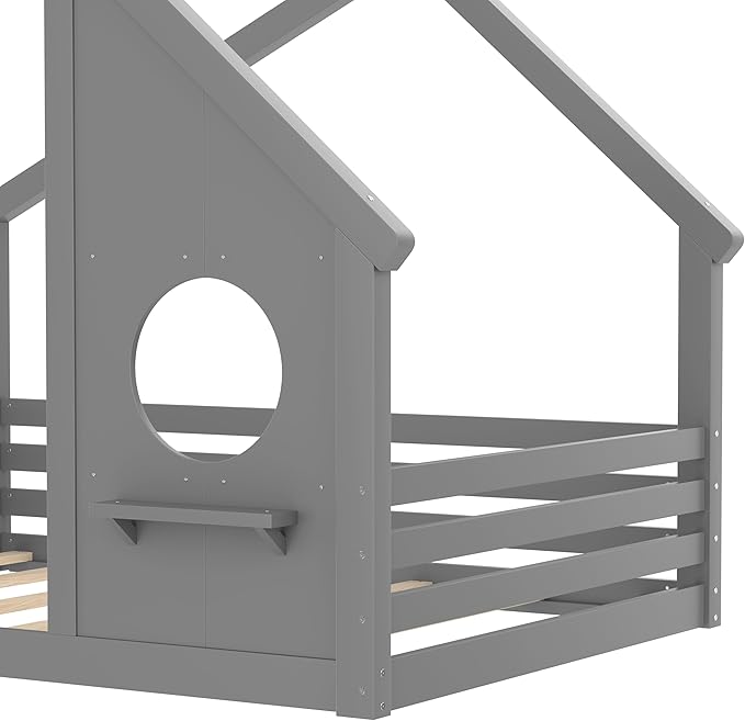SOFTSEA Full Size House Bed Frame, Kids Floor House Bed with Window and with Storage Shelf for Boys Girls, Wood Montessori Bed with Roof and Guardrails, Grey