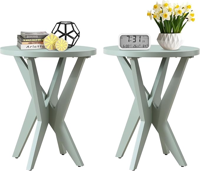 Modern Round End Table Set of 2 with Crossed Legs, Unique Small Green Side Table, Outdoor Accent Table, Easy Assembly Bedside Table for Living Room, Balcony, Small Spaces