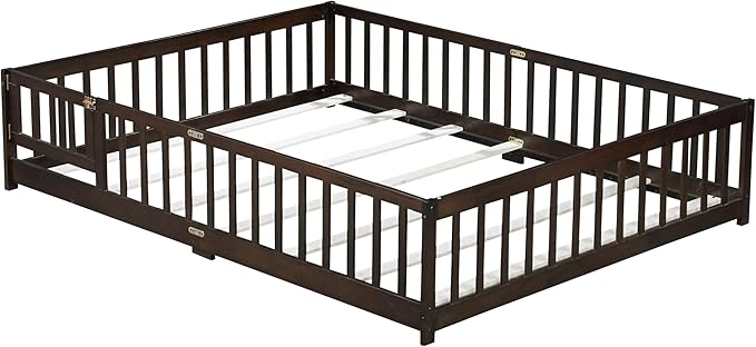 Queen Size Floor Bed for Kids, Wood Montessori Floor Beds with Fence Railings, Door & Slats Support, Queen Playhouse Bed Frame for Boys Girls, No Box Spring Needed, Espresso