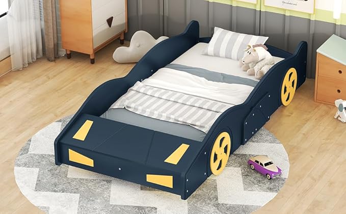 Ball & Cast Twin Size Race Car-Shaped Platform Bed with Wheels and Storage,Wood Low Floor Bed Frame w/Rails,Slat Support,No Box Spring Needed,Bedroom Furniture for Apartment,Dorm,Dark Blue