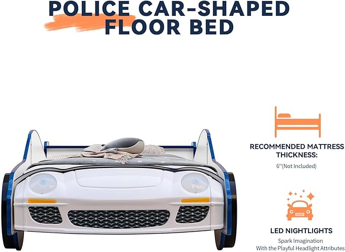 HMFULE Twin Bed Frames for Kids, Wood Hero Patrol Police Car -Shaped Bed Frame Platform with Wheels LED Lights & Slat Support for Toddler, Teens, Boys or Girls, No Box Spring Needed (Blue)