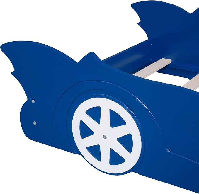Twin Size Race Car-Shaped Platform Bed Bedframe with Wheels, 87.4" L x 40.3" W x 16.1" H Blue