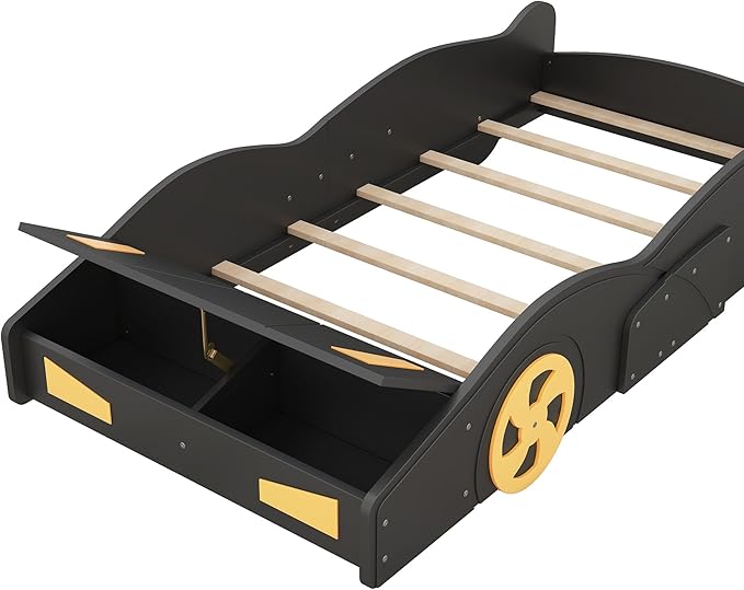 Twin Size Race Car Bed for Boys with Wheels and Storage,Kids Twin Bed Frame W/Guardrails,Race Car-Shaped Platform Bed,Toddler Car Bed for Boys,Child's Bedroom,Black+Yellow