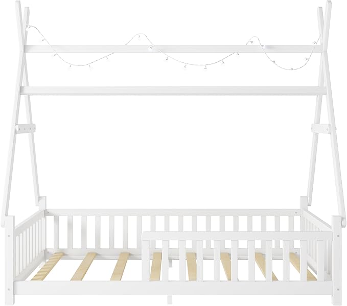 Twin House Bed with Roof & LED Light, Low Profile House Bed with Fence, Safe Guardrails, DIY-Friendly for Boys & Girls, Solid Wood & MDF Construction, No Box Spring Required, White