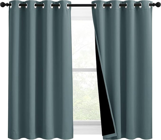 NICETOWN 100% Blackout Curtains 54 inches Long, Double-Deck Completely Blackout Window Treatment Thermal Insulated Lined Drapes for Small Window (Greyish Blue, 1 Pair, 46 inches Width Each Panel)