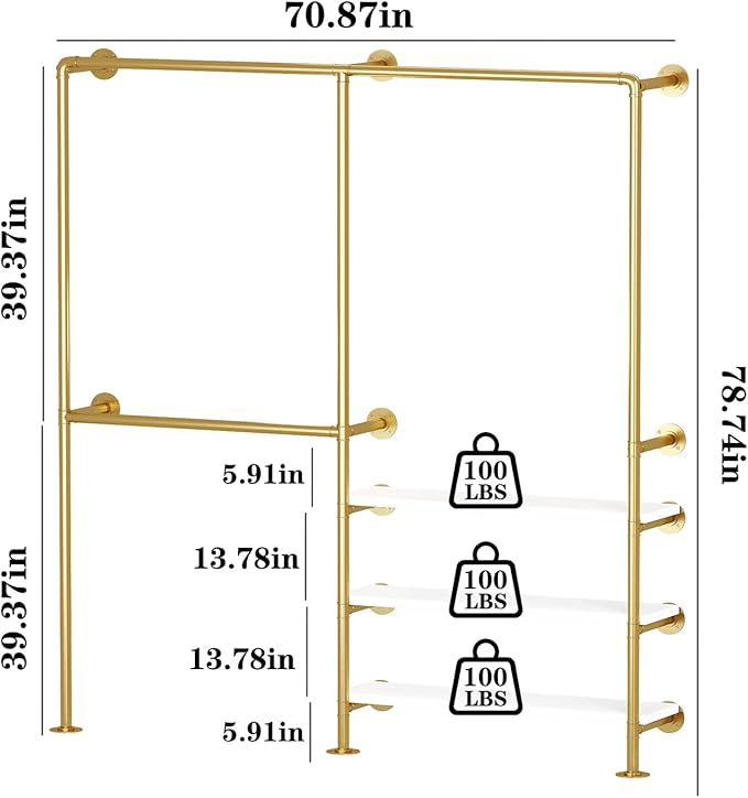 Industrial Pipe Clothing Rack, Gold Clothing Rack with Shelves, Wall Mounted Clothes Rack Heavy Duty Closet Organizers Wardrobe Multi-Purpose Storage Clothes Hanging Shelf - 70.8''L Gold