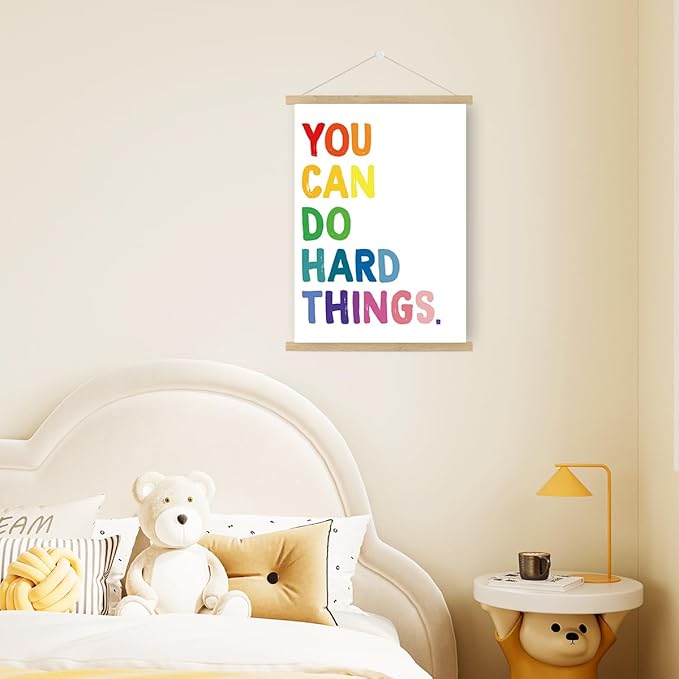 Qswo Positive Affirmations Wall Decor,You Can Do Hard Things Wall Art Poster Hanger Frame,Inspirational Hanging Canvas Wall Decor for Kids Room Nursery Classroom