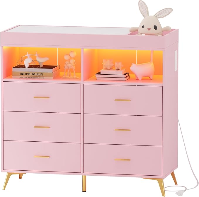 Dresser for Bedroom with LED Lights and Power Outlet, Baby Changing Table Dresser with 6 Drawers, 2 Open Storage Shelves, Baby Diaper Station with Changing Table Top (Pink)