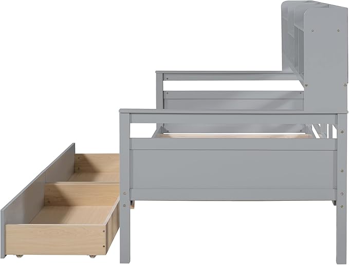 Harper & Bright Designs Twin Daybed with Storage, Wood Twin Size Bed Frame with Bookcase Headboard and 2 Drawers, Twin Sofa Bed with Shelves for Living Room Bedroom, No Box Spring Need, Grey