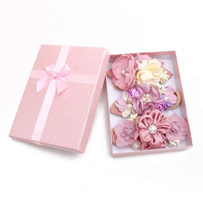 Baby Girl Floral Headbands- 3pcs Nylon Headband Handmade Flower Crown Elastic Hairband Newborn Toddler Hair Accessories Gifts for Girls （1-6 years old）