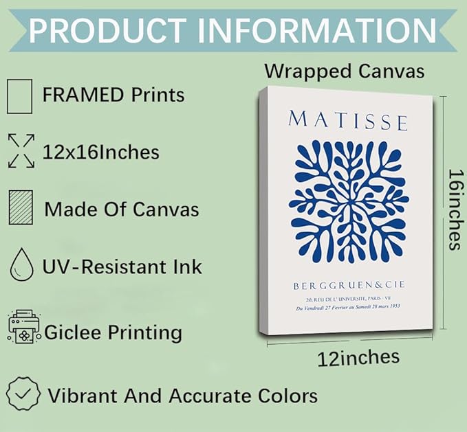 LUHDFYS Blue Matisse Canvas Wall Art Print,Abstract Matisse Wall Art Exhibition Posters Set of 3,Navy Blue Canvas Prints,Landscape Aesthetic Decor for Bedroom Bathroom Living Room Wrapped Canvas