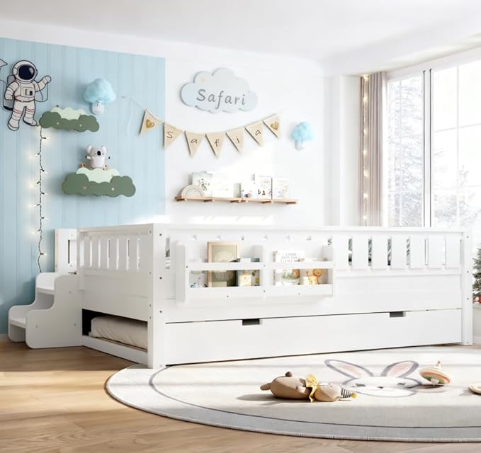 Bellemave Full Size Kids Bed with high Rails and with Built-in Bookshelf and Trundle for Kids, Girls, Boys, Wood Montessori Bed Without Door, White