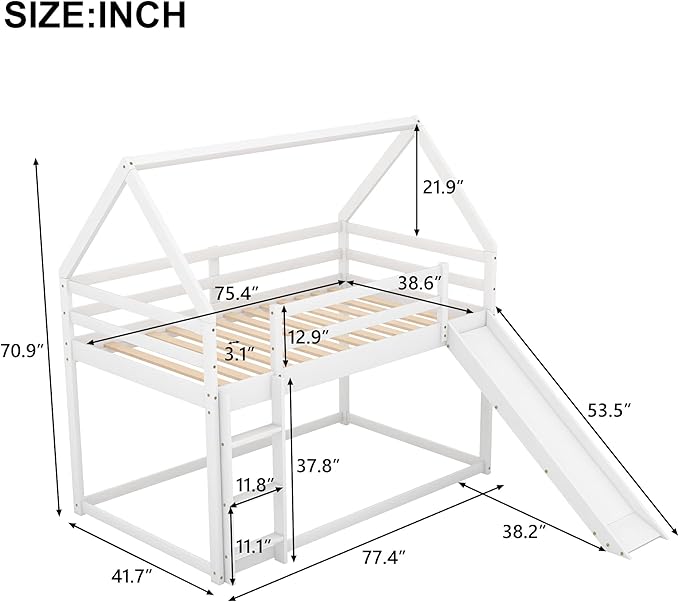 Twin Size Bunk House Bed with Slide and Ladder,can Switch Positions Left & Right,Bedroom Wood Loft Bed Frame W/No Box Spring Required,Easy to Assemble,for Kids Teens Girls Boys,White