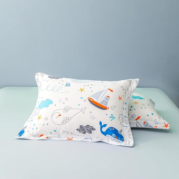 Simple&Opulence 100% Organic Cotton Duvet Cover for Kids Teens, 4 Pieces Soft Comforter Cover with Zipper Closure Cool Boy Girl Sea Sailboat Ocean Bedding Set - Whale, Full/Queen
