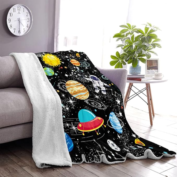 Outer Space Blanket for Boys - Constellation Solar System Fleece Ultra Soft Galaxy Rocket Planet Kids Gift for Birthday, Bed, Couch, Sofa, Living Room Decor