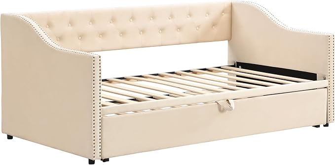 Merax Twin Size Upholstered Velvet Daybed with Pop Up Trundle, Multi-Functional Sofa Bed with Backrest and Two Armrest for Kids Room, Guest Room, Living Room,Beige