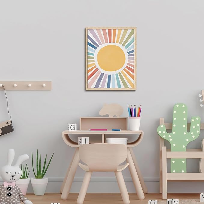 KISSFOX Framed Wall Art Nursery Wall Decor Sunshine Pictures Kids Cute Rainbow Canvas Art Colorful Sweet Paintings Boho Sunburst Artwork For Children Boys Girls Room Playroom