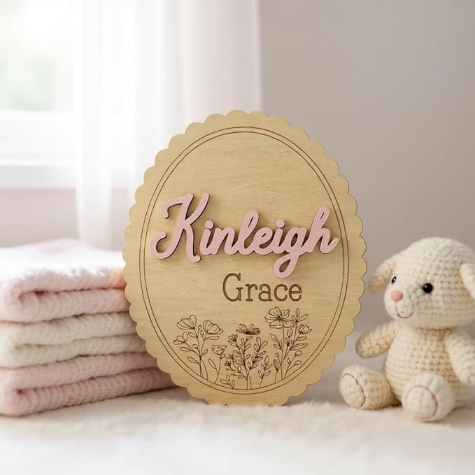 Personalized 3D Baby Name Sign with Floral Design, Scallop Engraved Birth Announcement Plaque, Baby Shower - Newborn Keepsake (Name Sign)