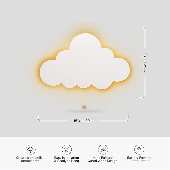 Lumipets Cloud Nursery Decor, Cloud Night Light, Kids Wall Light, Battery Operated LED Lights for Bedroom, Lightweight Nursery Lighting, Light for Babies, Toddlers, Kids - 17.7 x 11.2 x 1.5-in