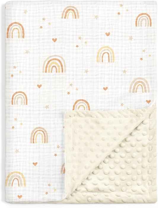 Rainbow Baby Blankets for Girls, Soft Nursery Minky Blankets with Muslin and Dotted Fleece Back 30x40 inches, Receiving Bed Quilt for Newborn, Infants, Toddlers