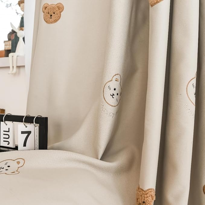 Cartoon Bears Kids Blackout Curtains for Babys Bedoom Living Room Grommet Top Beige Embroidery 3D Bear Darkening Curtain for Nursery Baby Room 1 Panel (W55 L94 inch,Beige)