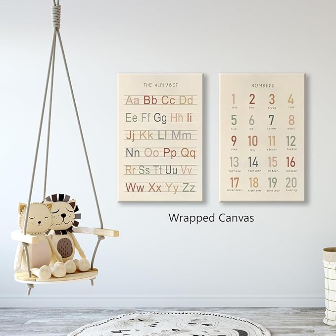 perasi 2pcs Alphabet and Numbers 1-20 Poster, Abc Letters Learning Charts for Toddlers 1-3, Numbers Canvas Wall Art for Nursery Classroom Wall, Kids Playroom Educational Print 24x36in Wrapped Canvas
