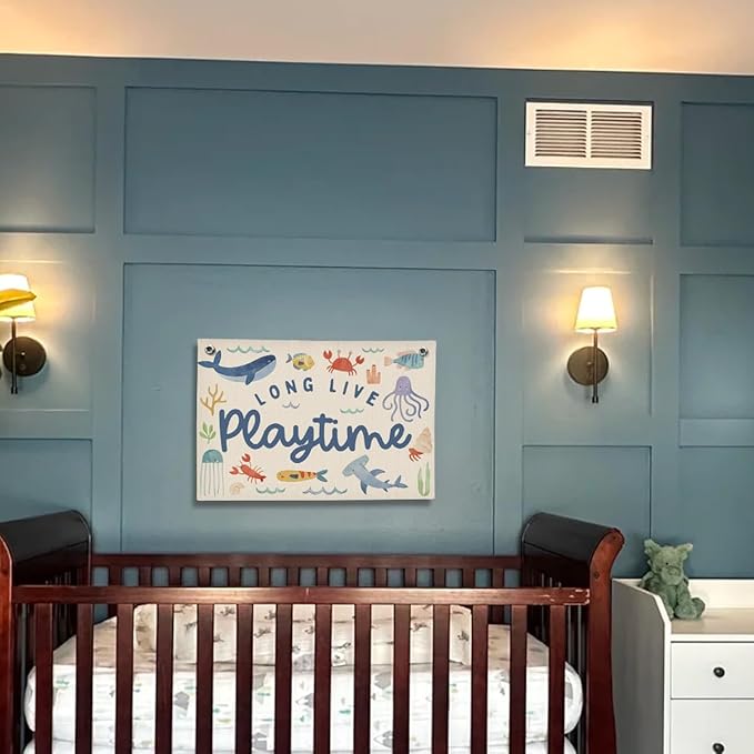 Playroom Wall Decor, Ocean Nursery Kids Toddler Boy Playroom Decor Hanging Linen Banner,Play Room Wall Decorations for Kids Boys Nursery, 20x30 Inch