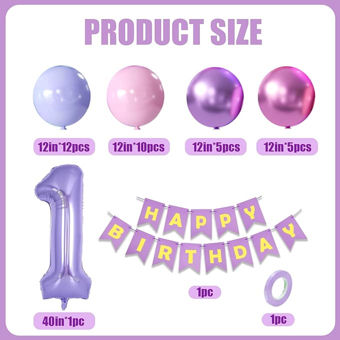 Purple Pink Metallic Balloons & Banner - 40 Inch 1 Balloon, Perfect for Girls' 1st Birthday or Baby Shower Decor